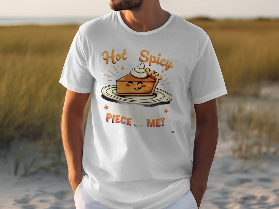 A person wears a white Garment Graphics t-shirt with the Hot and Spicy Pie Design, showcasing an illustrated smiling pie slice with whipped cream, text Hot & Spicy above, Want a Piece of Me? below, against sandy dunes and grass.