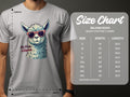 A person wears a light gray llama t-shirt from Garment Graphics, featuring a cartoon llama in sunglasses with No Prob Llama. Next to it is Gildan 5000s family sizing chart, detailing sizes from S to 5XL with width and length measurements in inches.