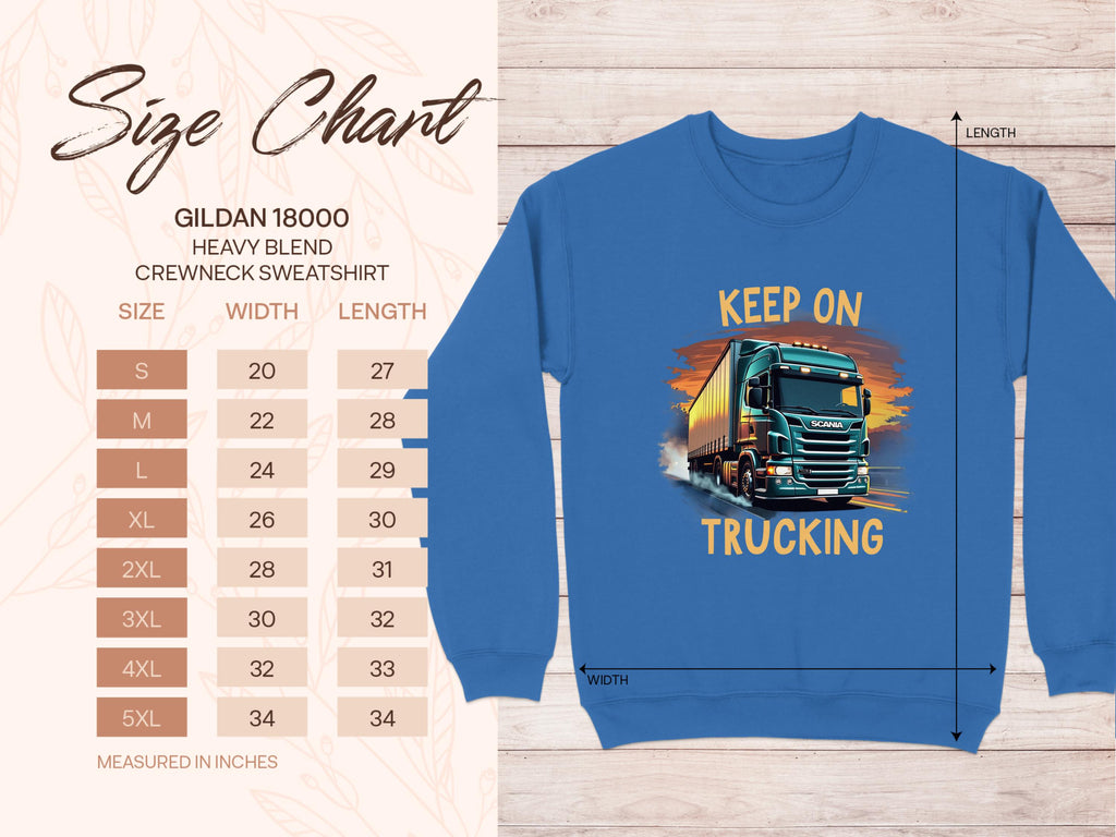 This bold, eye-catching blue crewneck sweatshirt by Garment Graphics features a large truck graphic and the text Keep On Trucking. With a Gildan 18000 size chart ranging from S to 5XL, it ensures an ideal fit with width and length measurements in graphic sweatshirts.