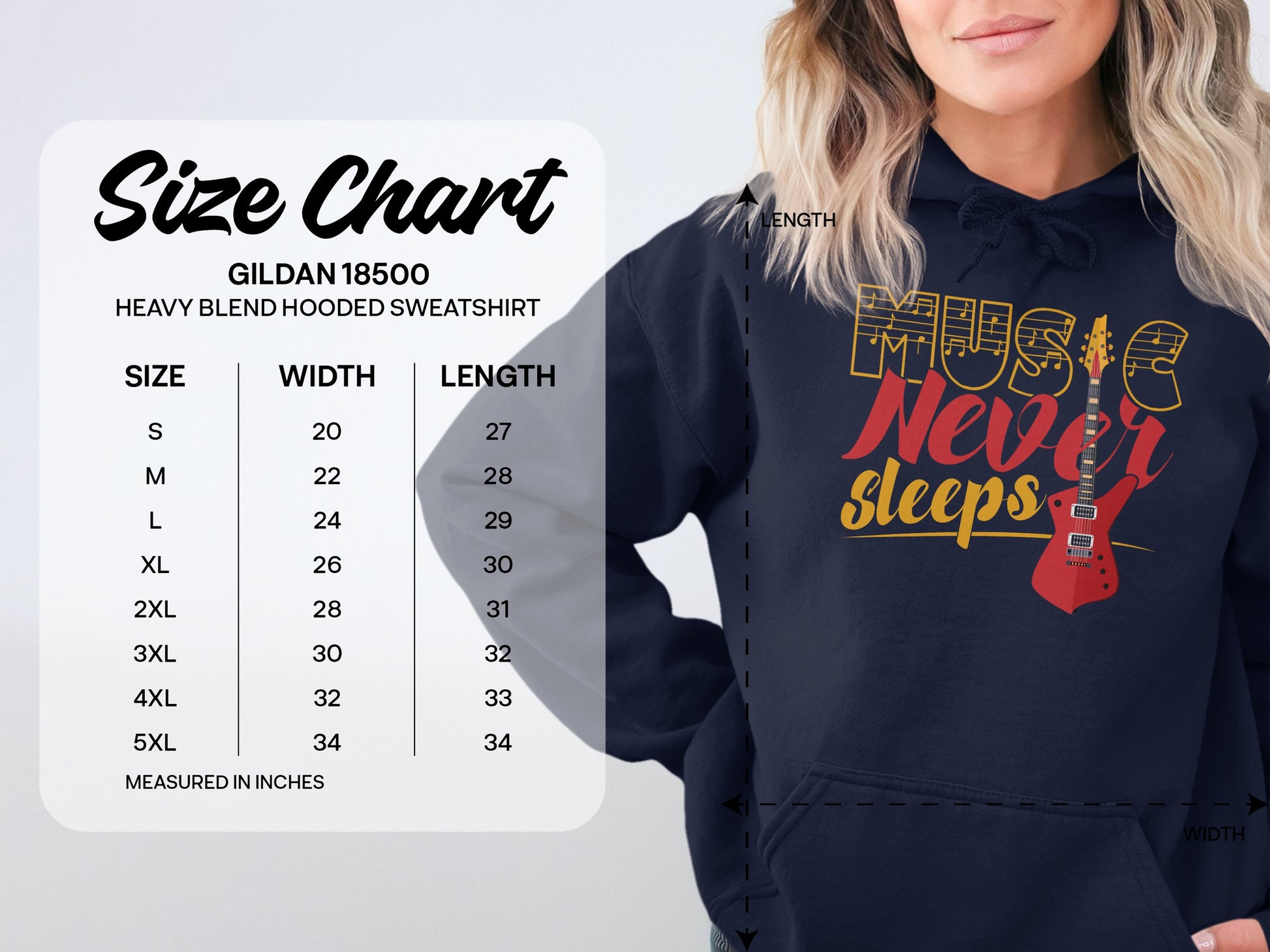 A woman wears a Garment Graphics navy hoodie featuring Music Never Sleeps and a guitar graphic. Displayed is the Gildan 18500 size chart, showing classic fit sizes S to 5XL, with width and length in inches.