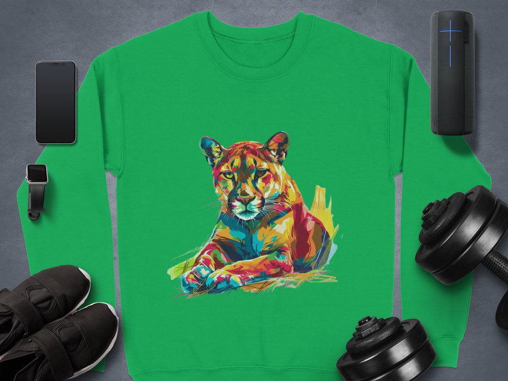 A Garment Graphics green sweatshirt with a colorful resting lioness design is displayed on a gray surface, surrounded by a smartphone, smartwatch, wireless speaker, shoes, and two adjustable dumbbells. Unisex sizing ensures it fits everyone.