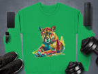A Garment Graphics green sweatshirt with a colorful resting lioness design is displayed on a gray surface, surrounded by a smartphone, smartwatch, wireless speaker, shoes, and two adjustable dumbbells. Unisex sizing ensures it fits everyone.