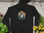 A Garment Graphics hoodie in black features a medium-heavy fabric with an owl wearing glasses, surrounded by leaves on a circular orange background, lying flat among green plants and yellow flowers, accentuating its classic fit elegance.