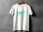 Against a gray backdrop, Garment Graphics presents a white T-shirt with vibrant blue and yellow Take It Easy text, surrounded by musical notes and arrows – perfect for unique style lovers.