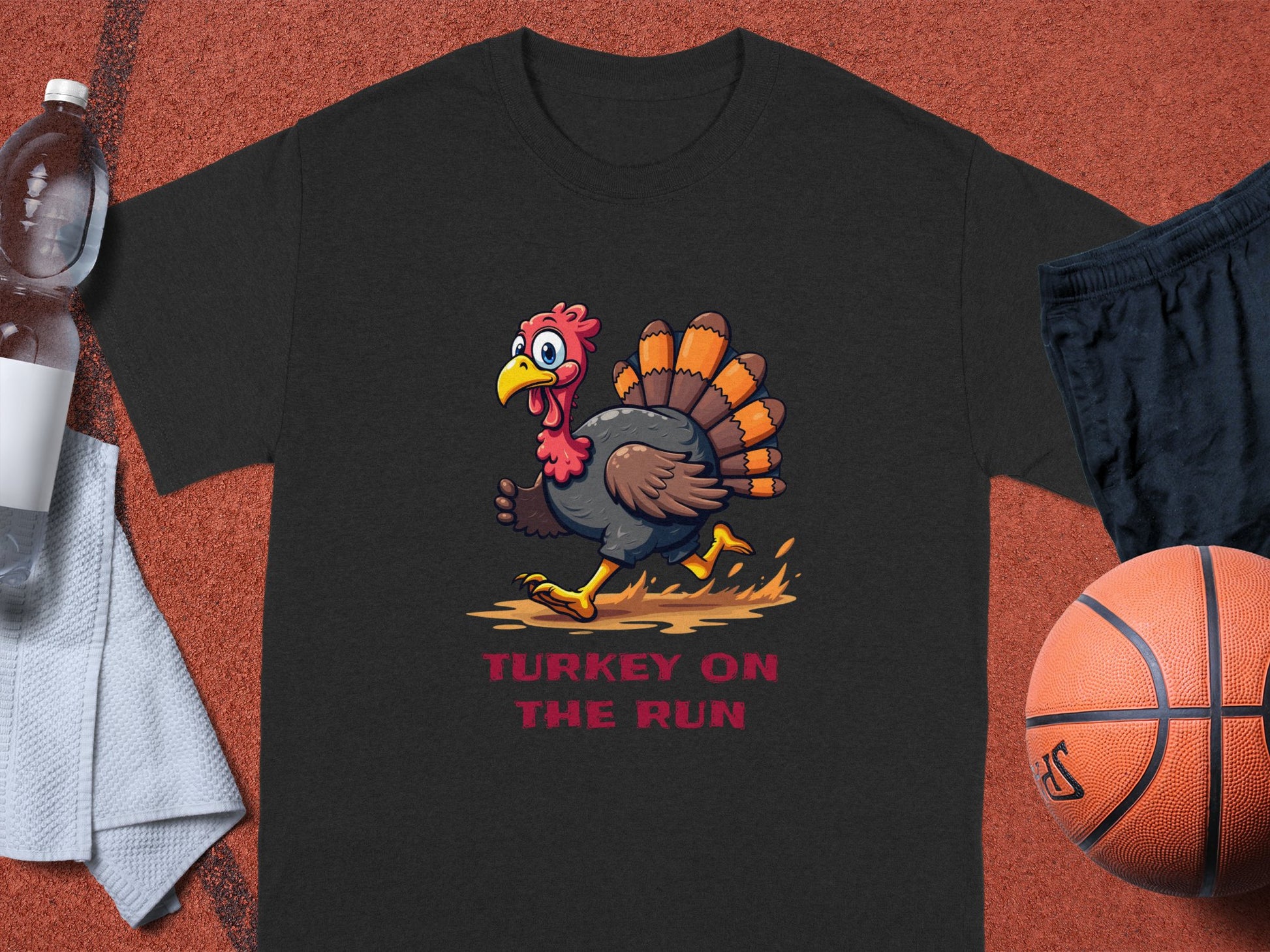 The Garment Graphics black T-shirt sports a humorous turkey jogging illustration with TURKEY ON THE RUN printed underneath. Its ideal for family sizing and showcased on a sports surface amidst a water bottle, towel, shorts, and basketball.