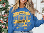 A person sports a blue If hes got golf clubs in his truck or a camper in his driveway, I dont hire him sweatshirt by Garment Graphics, set against a festive Christmas tree and white shelf, exuding the perfect casual wear vibe.