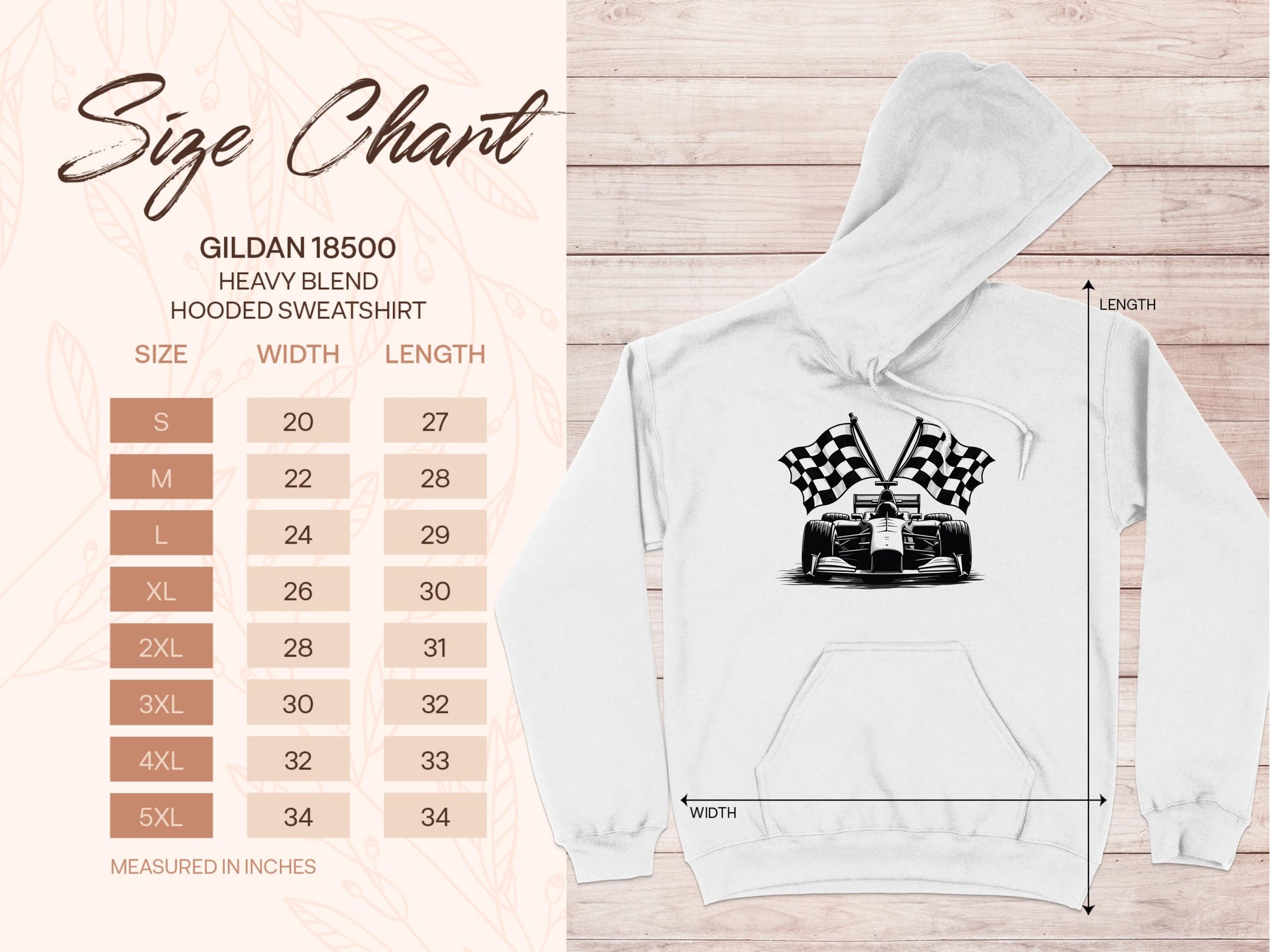 Garment Graphics white hooded sweatshirt boasts a race car and checkered flag design, featuring a racing theme. A Gildan 18500 size chart shows dimensions for sizes S to 5XL in inches, with measurement lines for width and length against a leaf-patterned background.