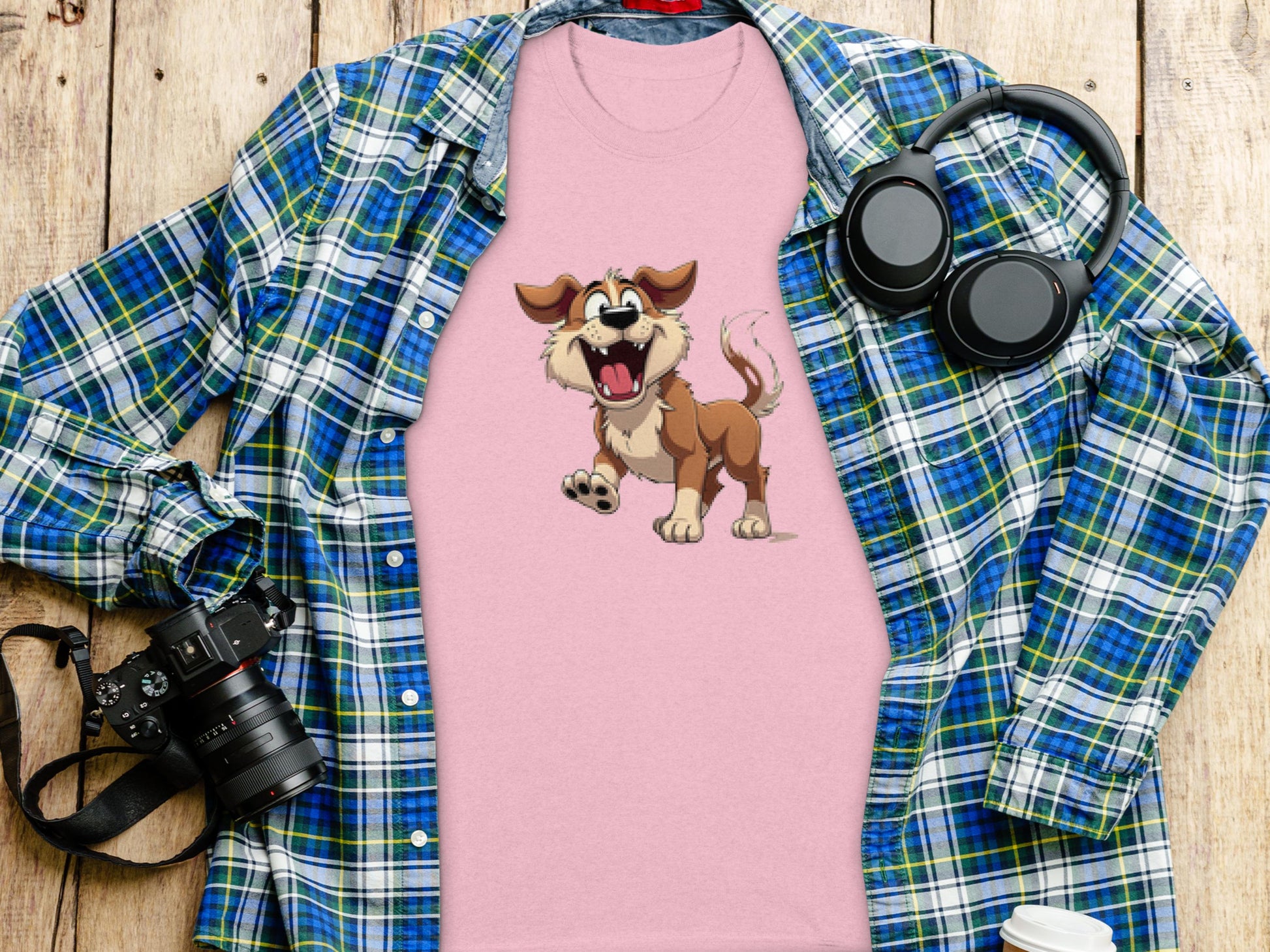 A dog lovers pink T-shirt from Garment Graphics, featuring a cartoon dog print, is spread over a blue and green plaid shirt. Nearby are a camera, headphones, and a take-out cup with lid, all placed on a wooden surface.