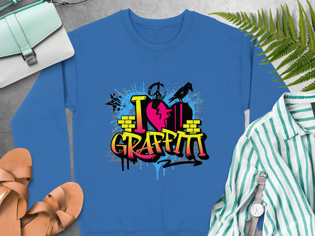 A blue sweatshirt from Garment Graphics with an urban vibe showcases a vibrant I Love Graffiti heart design. Its styled with a green striped shirt, wristwatch, handbag, sandals, and a fern on a grey background.