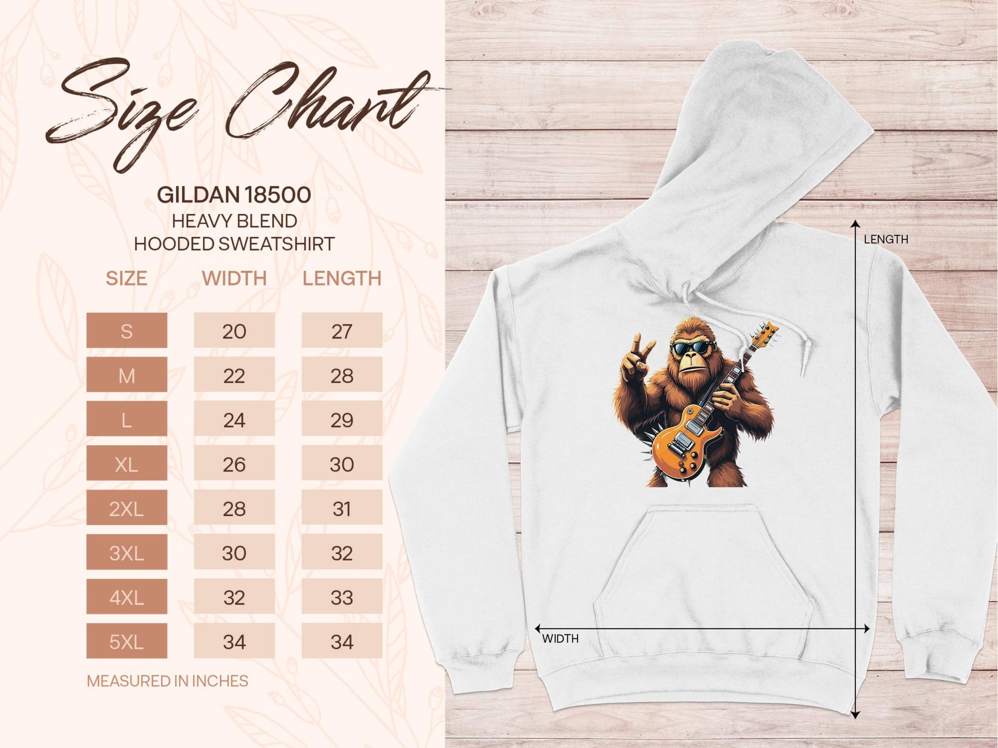 An image displays Garment Graphics electric guitar hoodie, with a bear playing an electric guitar graphic. The white sweatshirt is laid flat showing width and length dimensions. A size chart on the left details measurements for S to 5XL, ideal for music enthusiasts.