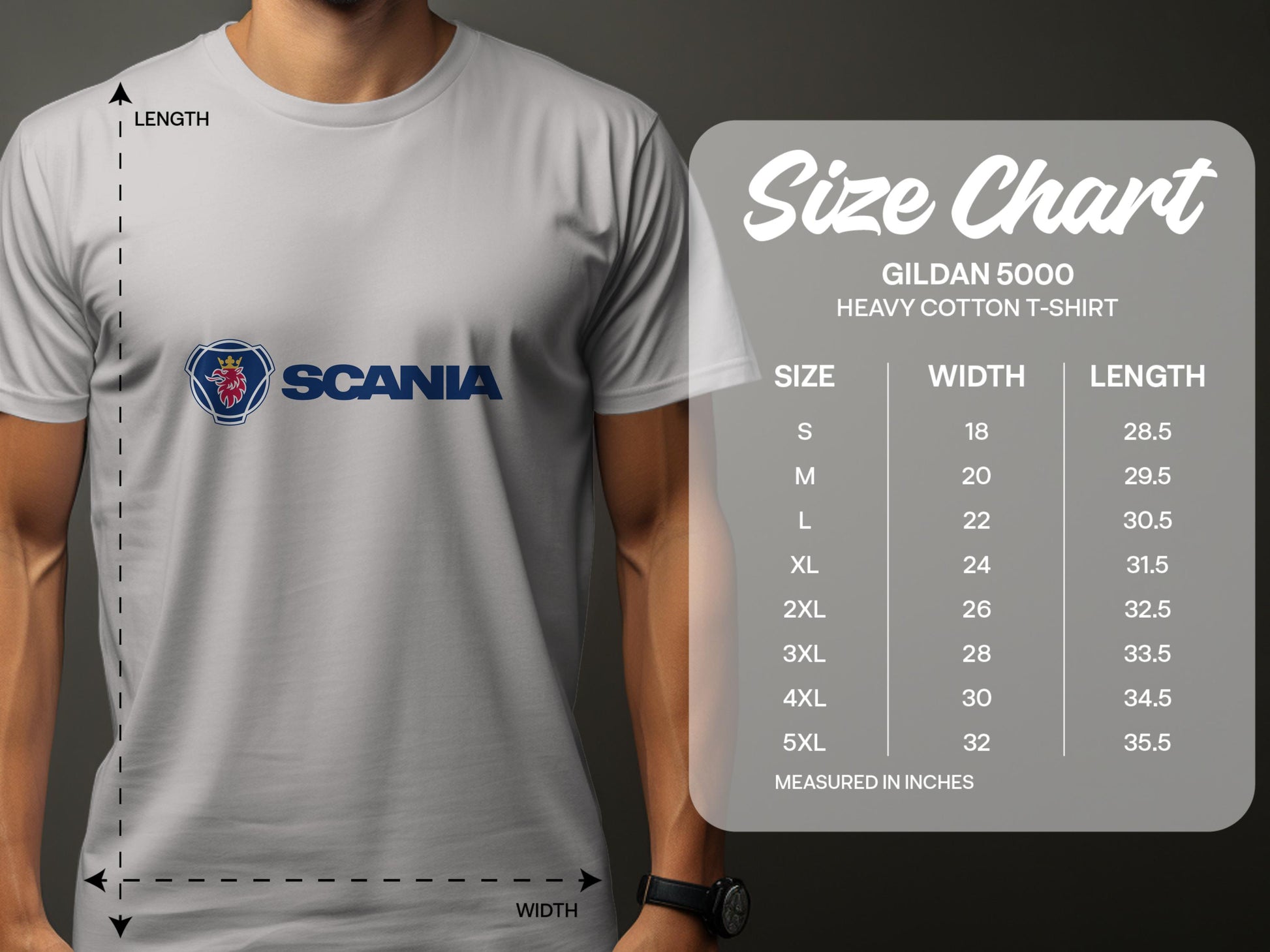 A person wearing a Garment Graphics Scania logo t-shirt stands beside a size chart for the Gildan 5000 Heavy Cotton T-Shirt, displaying sizes from S to 5XL with width and length measurements in inches.