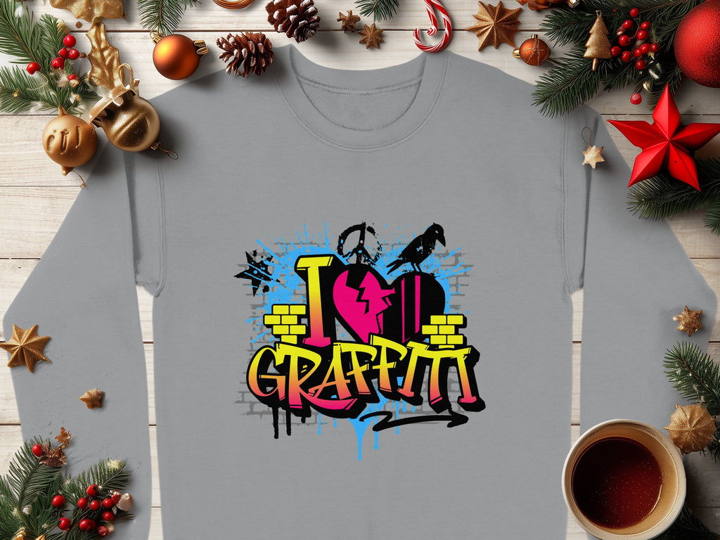A Garment Graphics gray sweatshirt features a vibrant I Love Graffiti design with a pink heart and yellow street art text. Its surrounded by Christmas decor, such as pine branches, ornaments, and a cozy hot drink.