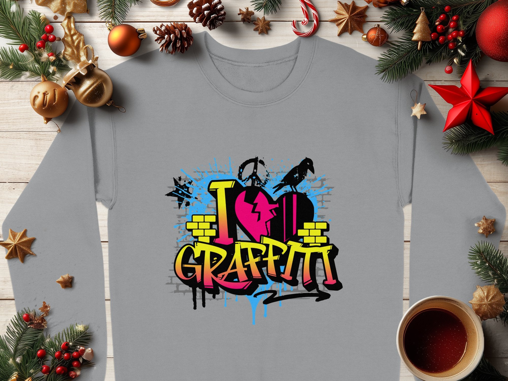 A Garment Graphics gray sweatshirt features a vibrant I Love Graffiti design with a pink heart and yellow street art text. Its surrounded by Christmas decor, such as pine branches, ornaments, and a cozy hot drink.