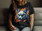 On the sofa, someone exudes a bold vibe in a black wolf print T-shirt from Garment Graphics, stylishly highlighted with orange. Made of 100% cotton, it combines comfort and style while their face is kept out of view for an enigmatic touch.