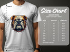 Someone wears a white Garment Graphics T-shirt with a bulldog design. Next to them, the Gildan 5000 heavy cotton T-shirt size chart shows family sizing options from S to 5XL, detailing widths and lengths in inches.