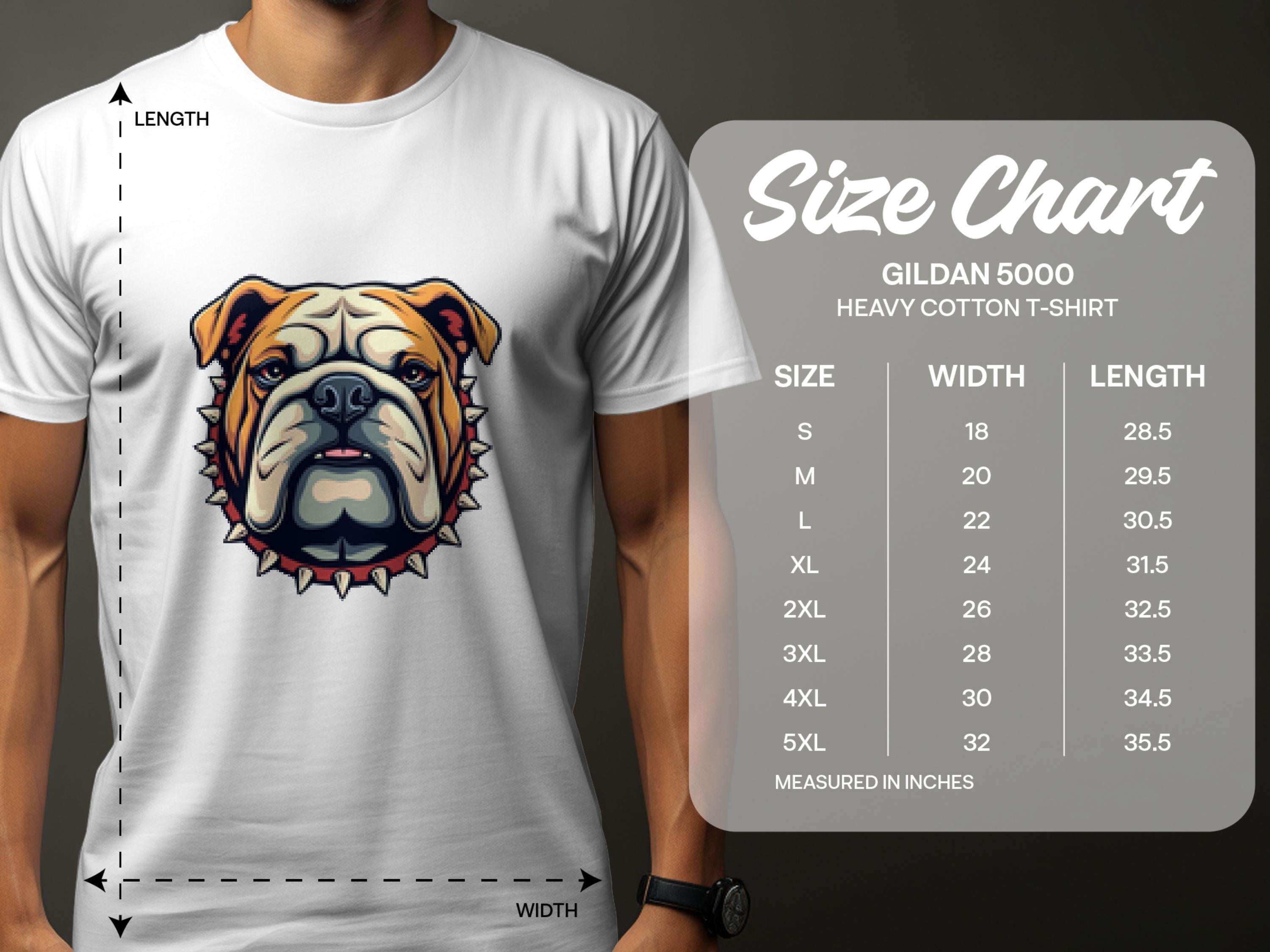 Someone wears a white Garment Graphics T-shirt with a bulldog design. Next to them, the Gildan 5000 heavy cotton T-shirt size chart shows family sizing options from S to 5XL, detailing widths and lengths in inches.