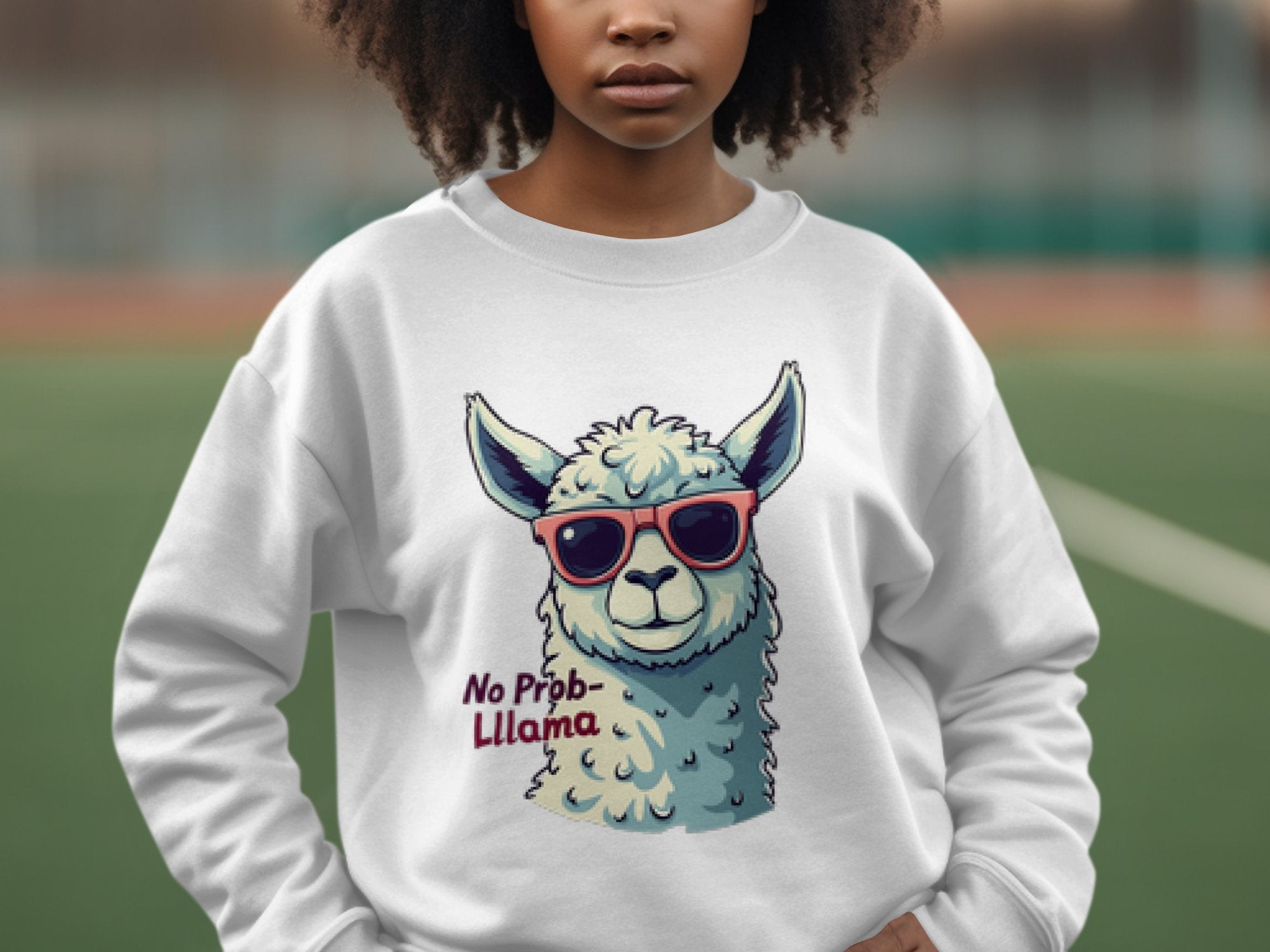 On a green field, someone with voluminous curly hair sports a whimsical Garment Graphics sweatshirt. The unisex design showcases a cartoon llama in sunglasses with No Prob-Llama text, emphasizing its fun vibe against a blurred background.