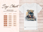 A Garment Graphics design T-shirt showcases a powerful truck with Keep on Trucking text, alongside the Gildan 5000L womens size chart, featuring widths and lengths in inches for sizes S to 3XL.
