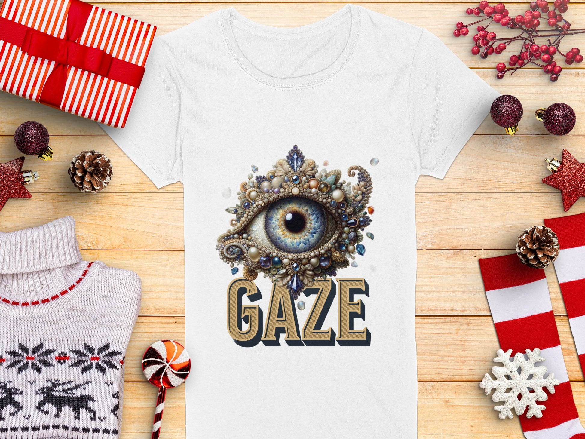 A Garment Graphics white graphic T-shirt features a jeweled eye design with GAZE lettering, set on wood. Surrounded by festive decorations like gifts, candy, and a sweater, this artistic T-shirt is available in womens sizes.