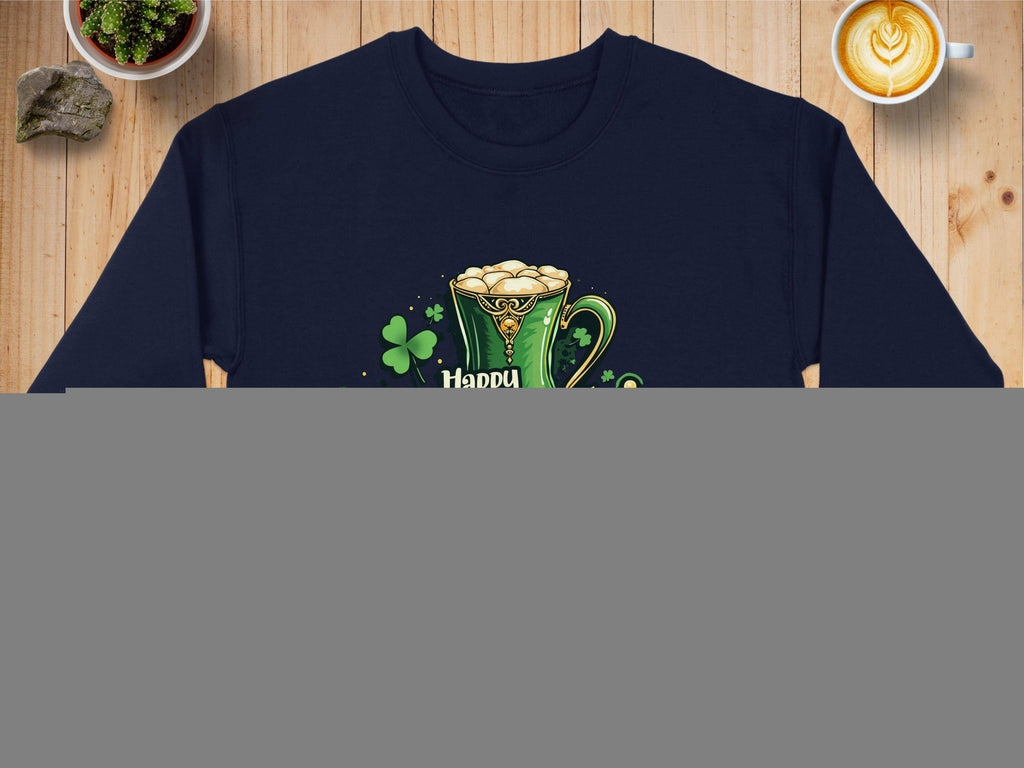 A navy blue Garment Graphics sweatshirt with a festive Happy Patricks Day graphic featuring shamrocks and a green beer mug rests on a wooden table. Nearby are a folded denim jacket, cup of coffee, and small plant completing the cozy scene.