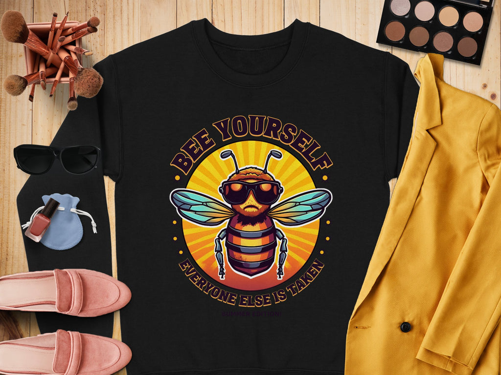 A black sweatshirt from Garment Graphics Summer Edition features a bee with sunglasses and Bee Yourself, Everyone Else is Taken. Perfect for pairing with womens accessories like a yellow jacket, sunglasses, makeup, shoes, and brushes on wood. Available in unisex sizing.