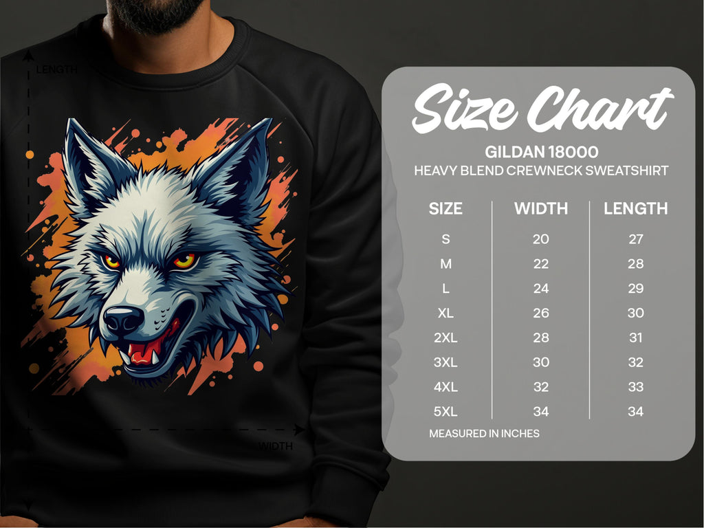 A person in a black Garment Graphics sweater showcases a wolfs head with orange eyes and colorful graffiti. A size chart for S-5XL Gildan 18000 heavy blend crewnecks details measurements in inches to the side.