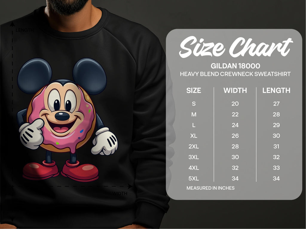 Someone sports a quirky black sweatshirt from Garment Graphics, adorned with a cute cartoon donut with mouse ears. Nearby, the Gildan 18000 size chart displays sizes S to 5XL and corresponding width and length in inches, ensuring this playful wardrobe piece fits everyone.