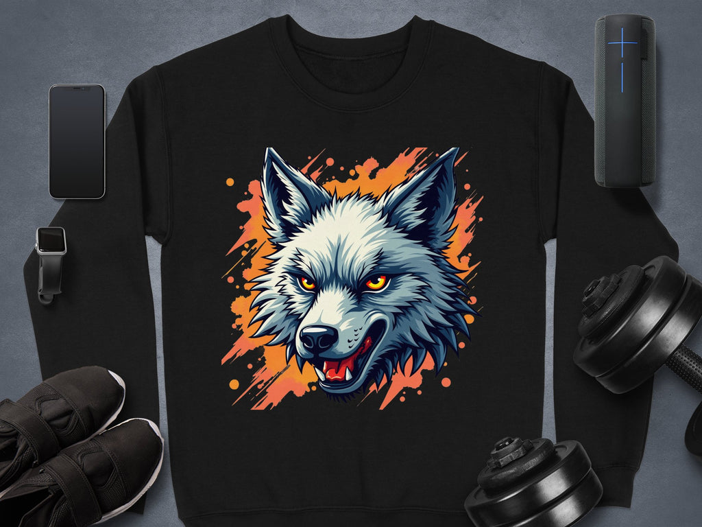 The Garment Graphics black wolf face sweatshirt with orange accents features a graphic of a wolf with an open mouth. Its set against a gray background, surrounded by a smartphone, smartwatch, sneakers, portable speaker, and weights, adding flair to your collection.