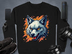 The Garment Graphics black wolf face sweatshirt with orange accents features a graphic of a wolf with an open mouth. Its set against a gray background, surrounded by a smartphone, smartwatch, sneakers, portable speaker, and weights, adding flair to your collection.