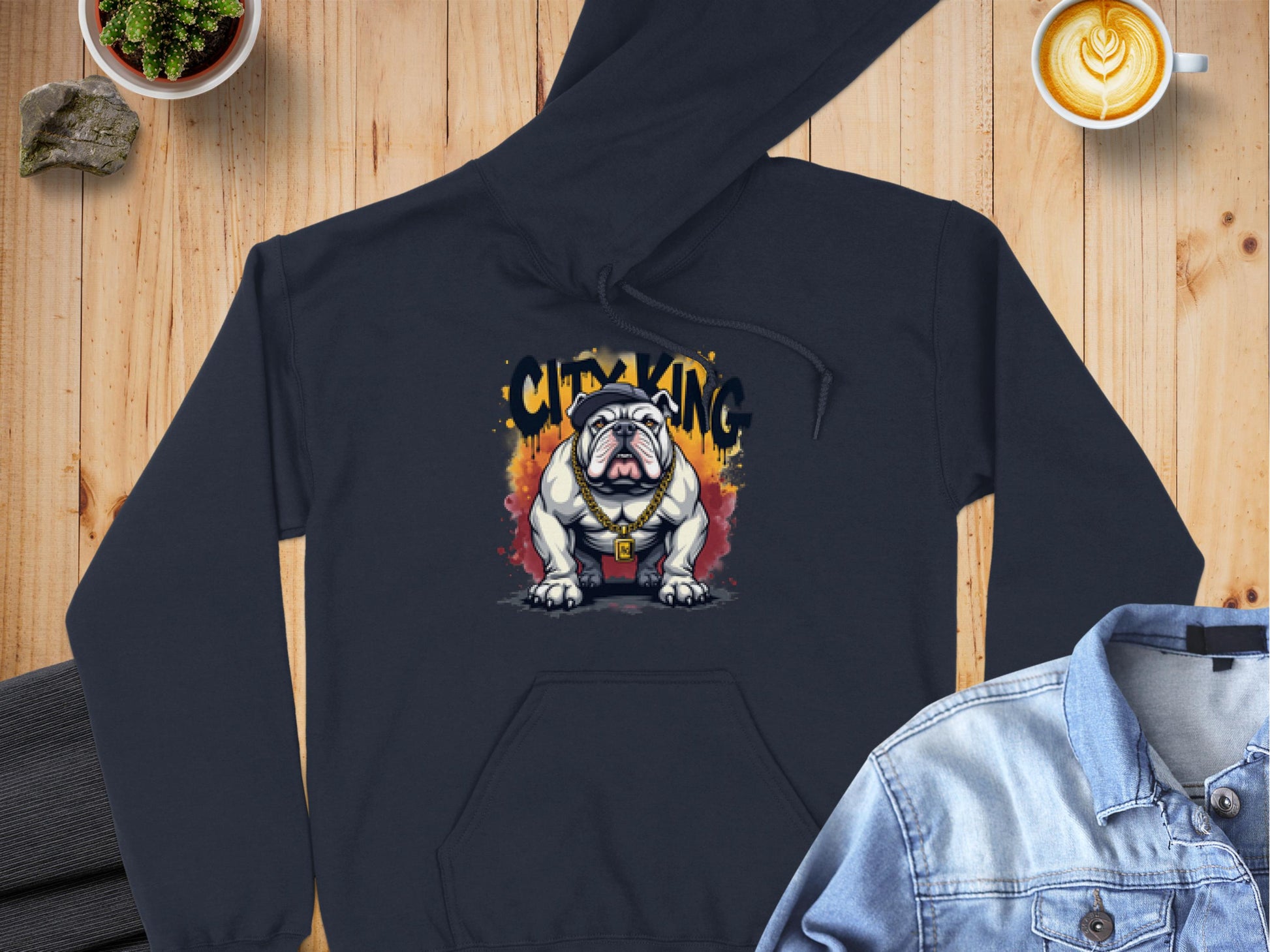 A dark hoodie by Garment Graphics with a unique bulldog design and CITY KING text is displayed on wood, paired with an urban edge style featuring a denim jacket, a latte art coffee cup, and a small plant.