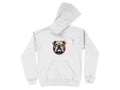 Garment Graphics white hoodie showcases a determined bulldog with a spiked collar and bold outline on the front. It features a front pocket and adjustable drawstrings.