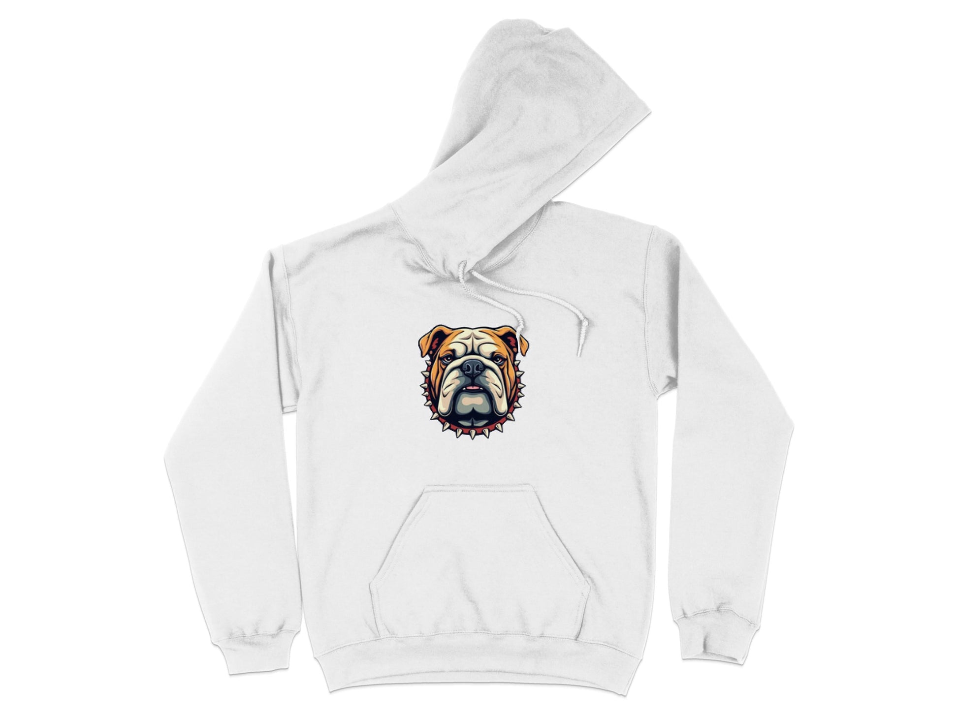 Garment Graphics white hoodie showcases a determined bulldog with a spiked collar and bold outline on the front. It features a front pocket and adjustable drawstrings.