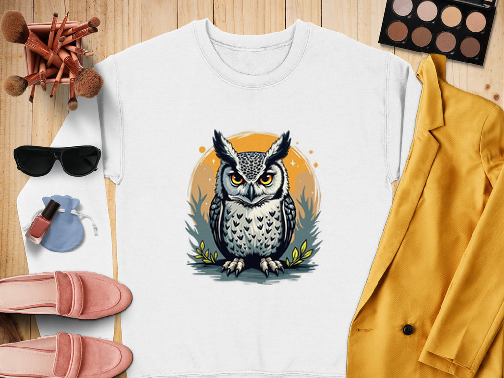 Displayed on a wooden surface is a unisex, white sweatshirt featuring an owl design by Garment Graphics. Nearby items include a yellow jacket, sunglasses, pink loafers, a round makeup bag, lipstick, makeup brushes, and a makeup palette.