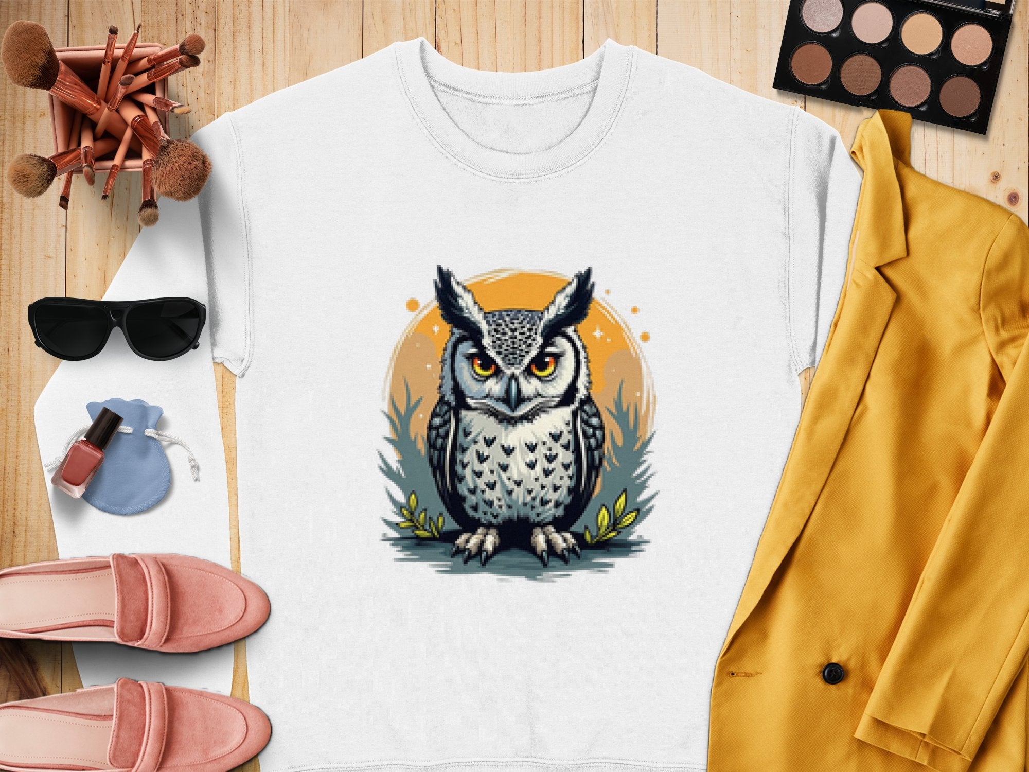 Displayed on a wooden surface is a unisex, white sweatshirt featuring an owl design by Garment Graphics. Nearby items include a yellow jacket, sunglasses, pink loafers, a round makeup bag, lipstick, makeup brushes, and a makeup palette.