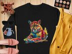 A flat lay by Garment Graphics features a black sweatshirt with a vibrant big cat design, surrounded by makeup brushes, sunglasses, pink loafers, lipstick, a blue pouch, an eyeshadow palette, and a yellow blazer—all stylishly arranged on a wooden surface.