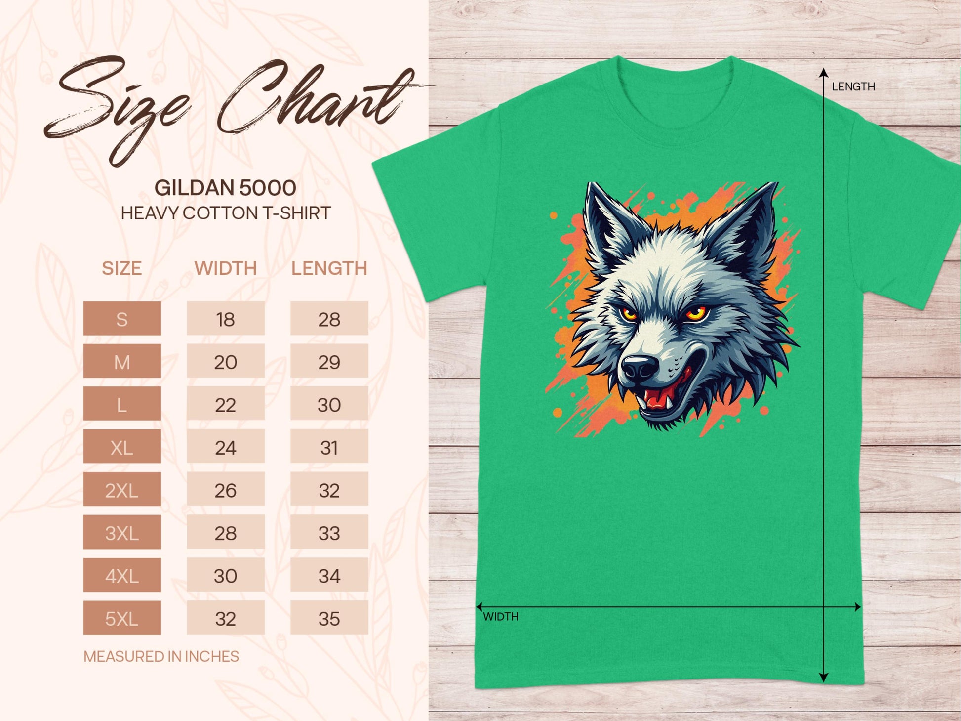 Garment Graphics green t-shirt features a stylish wolf graphic on an orange background, ideal for a fearless personality. The size chart for the heavy cotton tee includes width and length in inches from sizes S to 5XL.