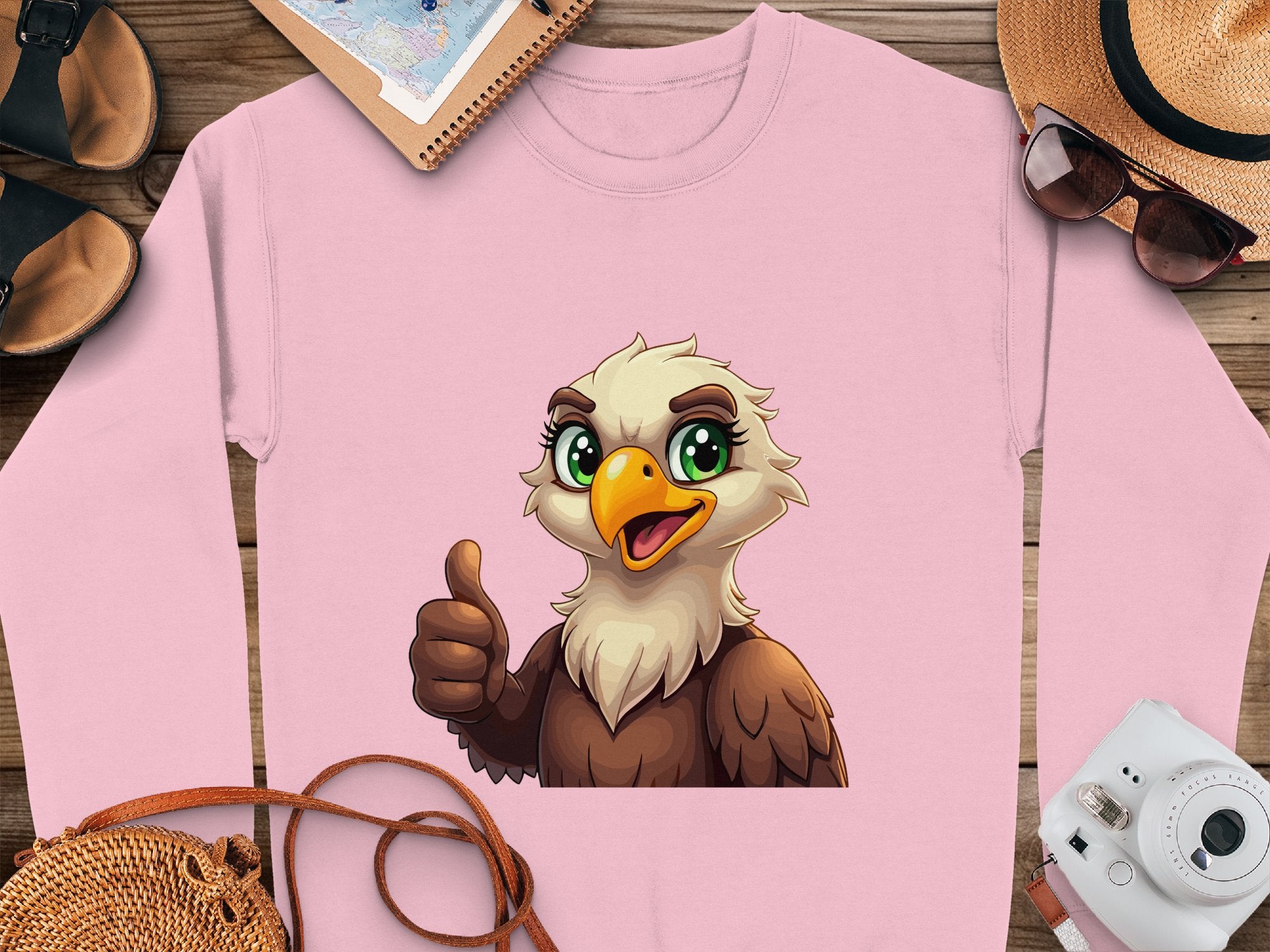 Garment Graphics offers a unisex pink sweatshirt featuring a cartoon eagle with green eyes, a yellow beak, and giving a thumbs-up. It’s surrounded by sunglasses, a straw hat, camera, and sandals—perfect for adding cheerfulness to your wardrobe.