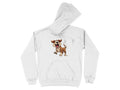 Garment Graphics white hoodie showcases a cartoon dog with big ears and paws, standing and smiling. Ideal for dog enthusiasts, this playful design is displayed on a plain white background with the hood arranged to the right.