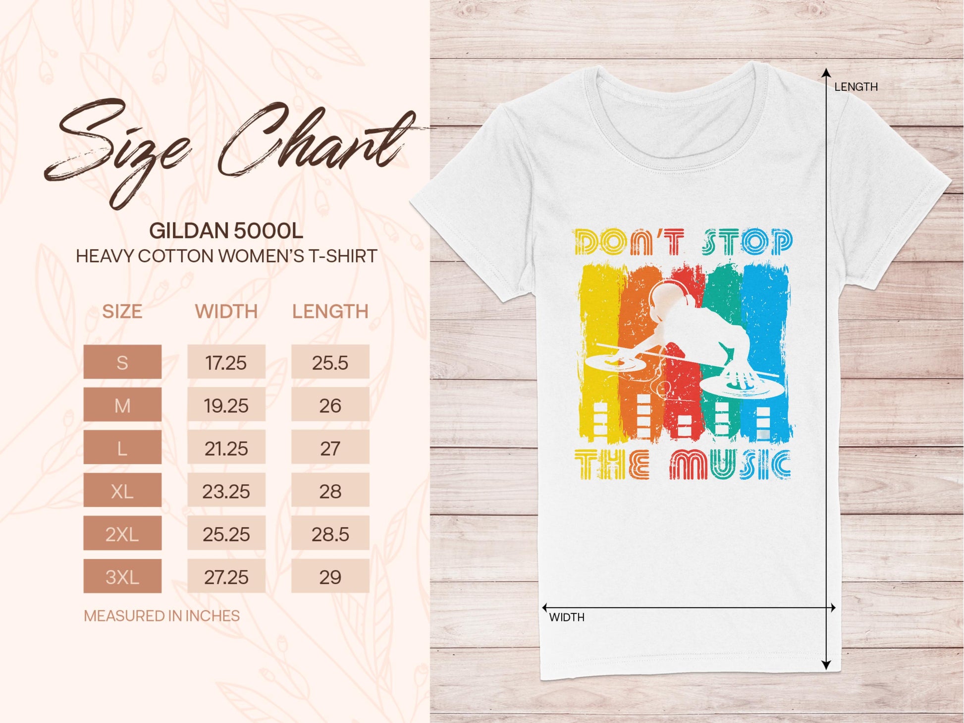 The Garment Graphics size chart for their Gildan 5000L heavy cotton womens T-shirt lists sizes S to 3XL in inches. Next to it, theres a vibrant white DJ graphic tee with Dont Stop the Music, ideal for music lovers.