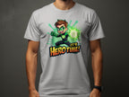 A vibrant white superhero T-shirt from Garment Graphics, featuring a cartoon character in a green suit and gloves emitting green energy. The brown-haired heros determined expression is captioned with Its Hero Time! Available in family sizing for matching heroic ensembles!.