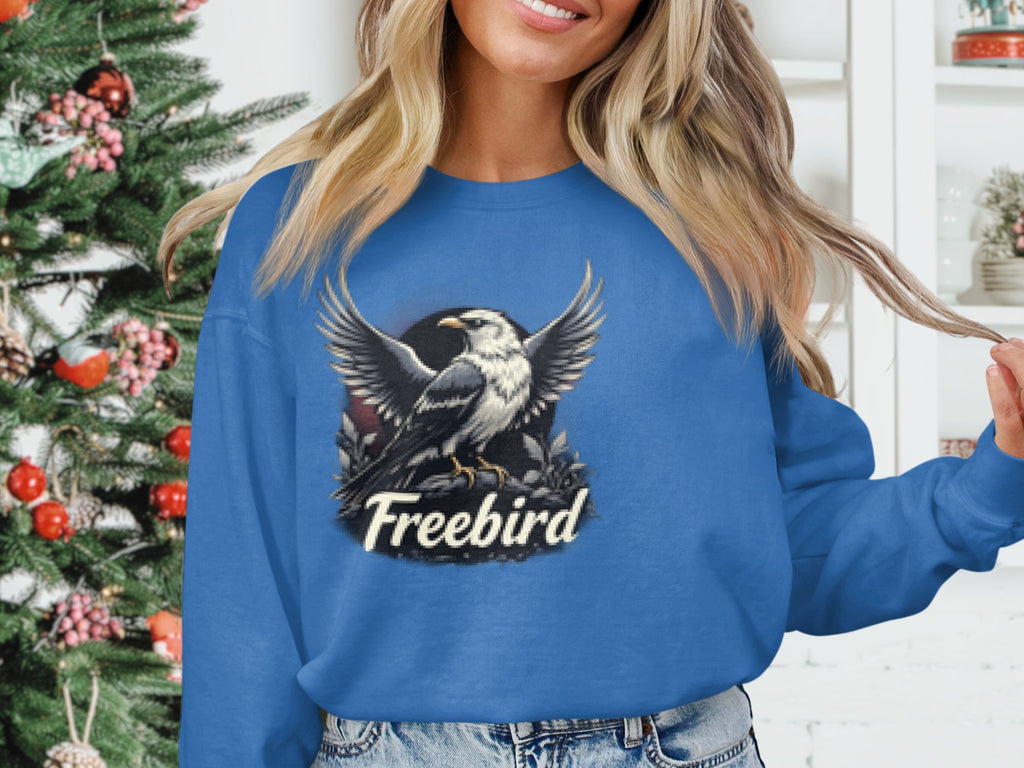 Dressed in a blue sweatshirt from Garment Graphics, featuring an eagle with spread wings and the words Freebird Graphic Sweatshirts, a person stands by a Christmas tree, adding festive flair to this unisex garment.