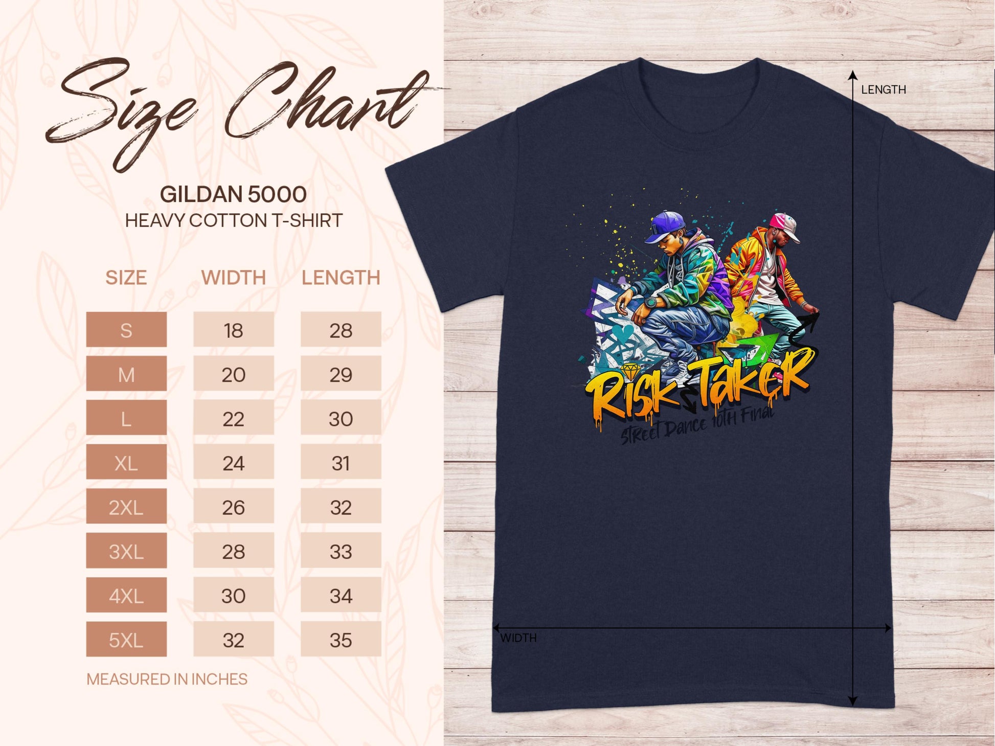 A black t-shirt by Garment Graphics features an artistic design of two dancers, highlighting street dance culture with Risk Taker 10th Final T-Shirts. Includes a Gildan 5000 heavy cotton size chart from S to 5XL with inch measurements.