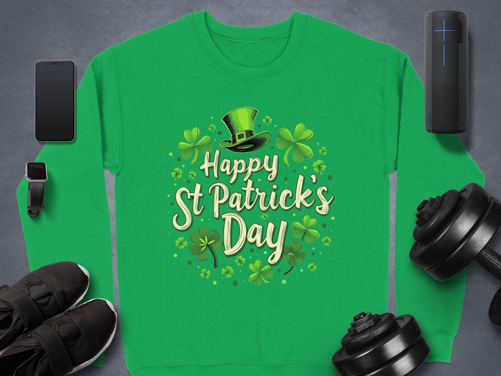 A festive Garment Graphics green shirt with Happy St Patricks Day, featuring a leprechaun hat and shamrocks, is displayed with a smartphone, smartwatch, sneakers, dumbbells, wireless speaker, and headphones on a gray surface.