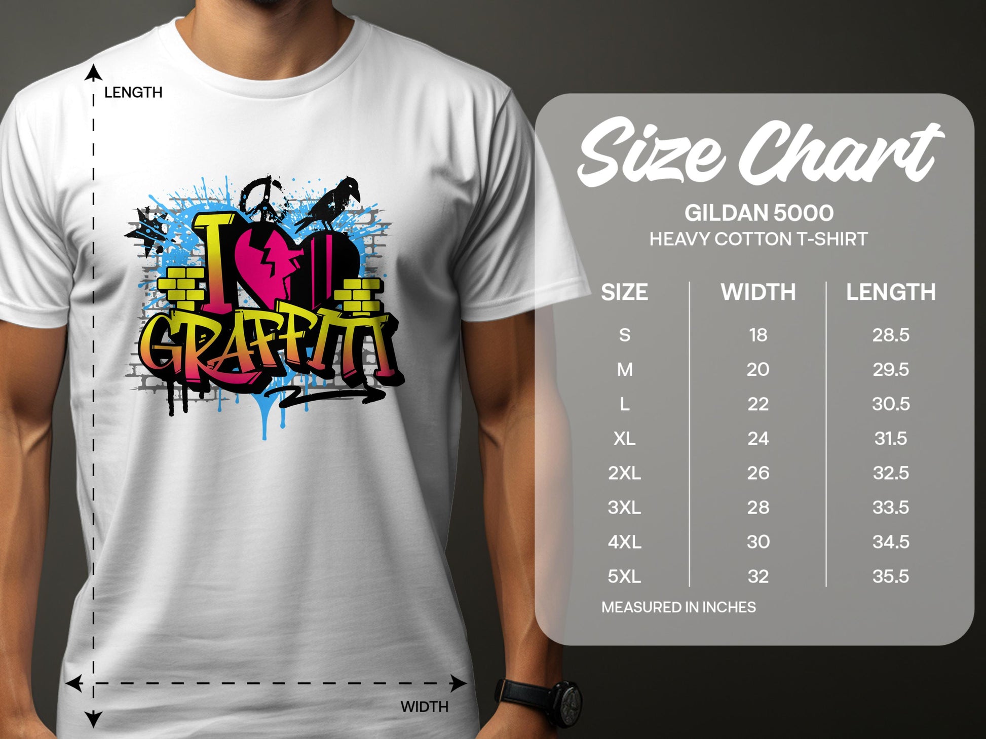 A person dons a Garment Graphics white T-shirt with I Love Graffiti highlighted by colorful paint splatters and brick graphics, celebrating street art. Nearby, a size chart for Graffiti Love T-Shirts shows Gildan 5000 heavy cotton sizes from S to 5XL in inches.