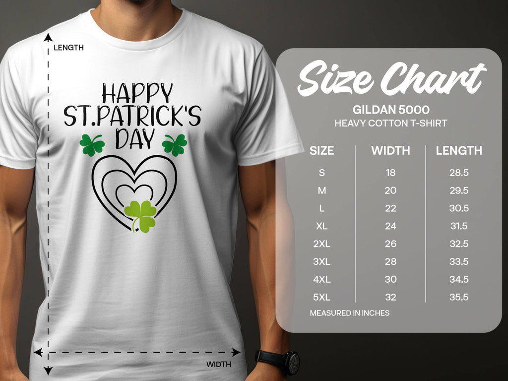 A person wears a Garment Graphics t-shirt exuding festive flair with Happy St. Patricks Day text and shamrock designs. Nearby is the Gildan 5000 heavy cotton T-shirt size chart, available from S to 5XL with detailed measurements.