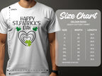 A person wears a Garment Graphics t-shirt exuding festive flair with Happy St. Patricks Day text and shamrock designs. Nearby is the Gildan 5000 heavy cotton T-shirt size chart, available from S to 5XL with detailed measurements.