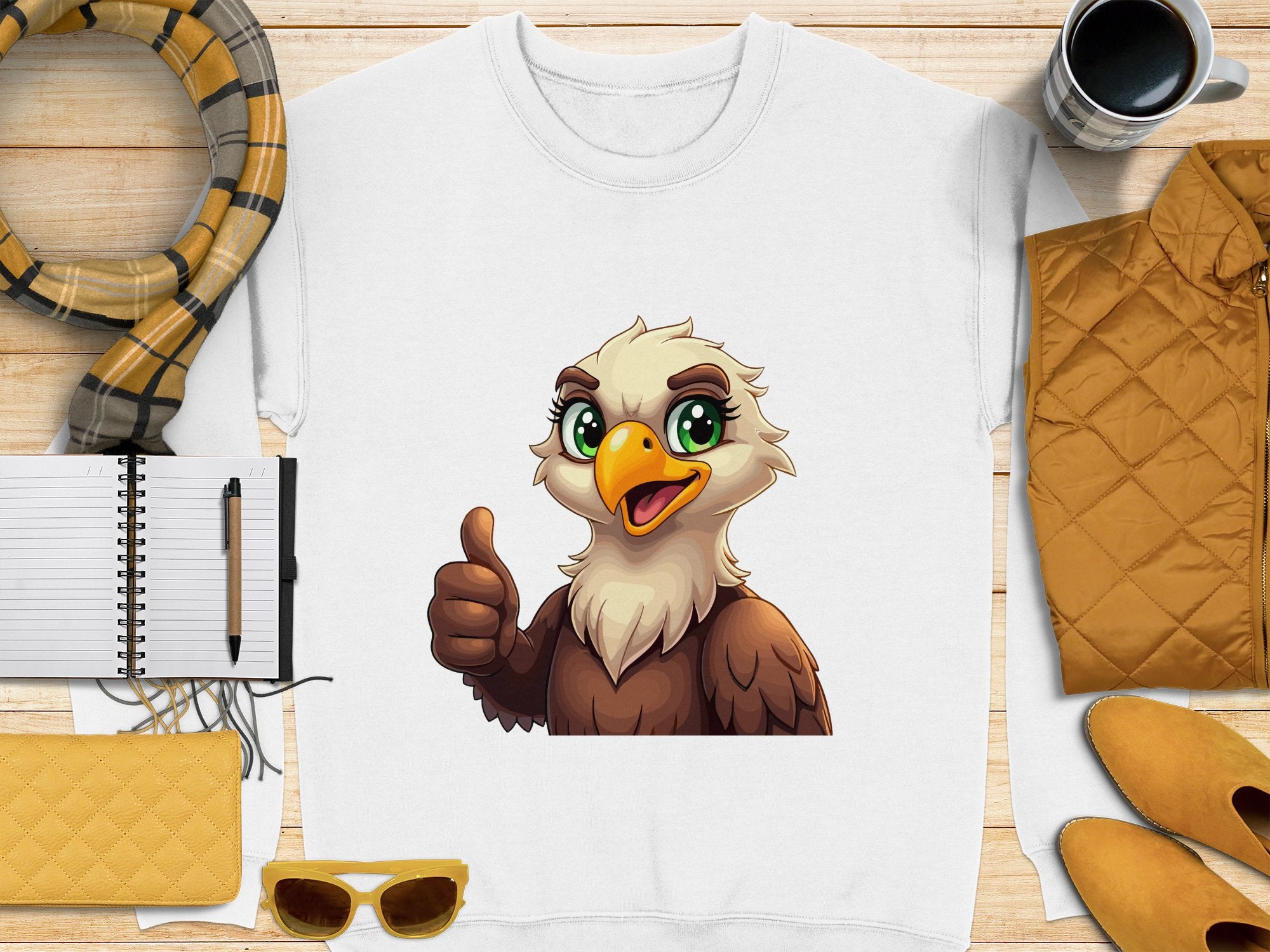 The Garment Graphics white cartoon eagle sweatshirt, in unisex sizing, shows a thumbs-up on a wooden surface. Nearby are a notepad with pen, scarf, sunglasses, coffee cup, and quilted jacket and purse—all coordinating in yellow and brown tones.