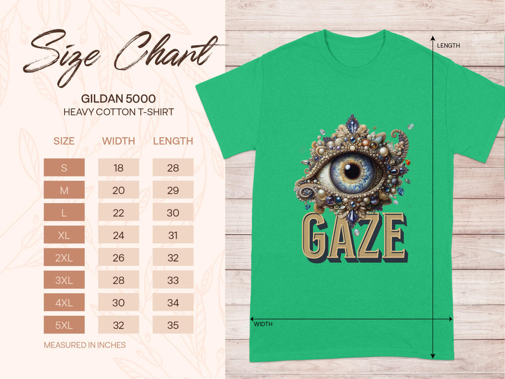 The Gildan 5000 heavy cotton T-shirt, featuring a classic fit, offers sizes S to 5XL. On the right, the Garment Graphics green T-shirt displays an eye gaze design above GAZE. Width and length measurements are illustrated.