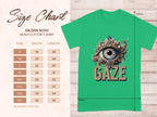 The Gildan 5000 heavy cotton T-shirt, featuring a classic fit, offers sizes S to 5XL. On the right, the Garment Graphics green T-shirt displays an eye gaze design above GAZE. Width and length measurements are illustrated.