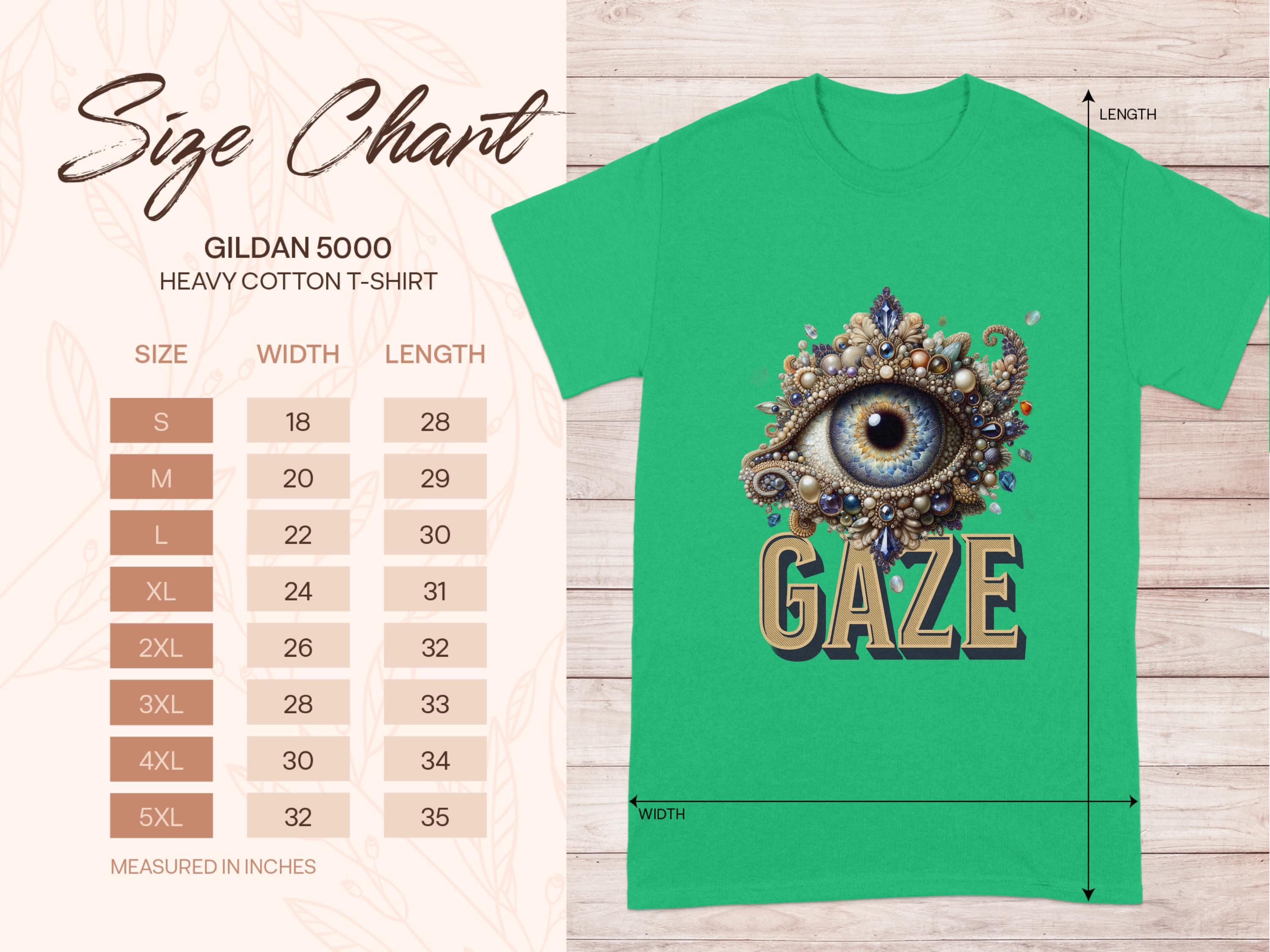 The Gildan 5000 heavy cotton T-shirt, featuring a classic fit, offers sizes S to 5XL. On the right, the Garment Graphics green T-shirt displays an eye gaze design above GAZE. Width and length measurements are illustrated.